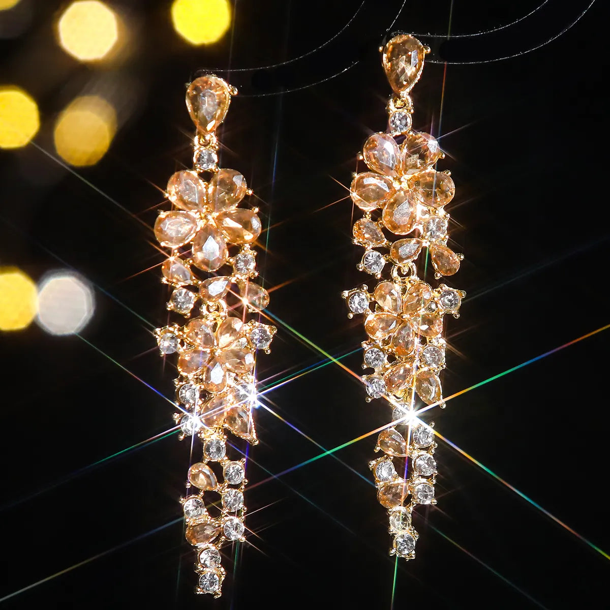 1 Pair Elegant Luxurious Flower Tassel Plating Inlay Alloy Rhinestones Zircon Drop Earrings