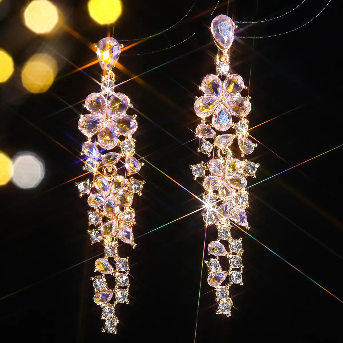 1 Pair Elegant Luxurious Flower Tassel Plating Inlay Alloy Rhinestones Zircon Drop Earrings