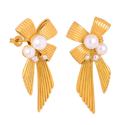 1 Pair Elegant Luxurious French Style Bow Knot Plating Inlay Titanium Steel Artificial Pearls 18k Gold Plated Ear Studs