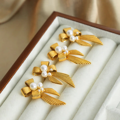 1 Pair Elegant Luxurious French Style Bow Knot Plating Inlay Titanium Steel Artificial Pearls 18k Gold Plated Ear Studs