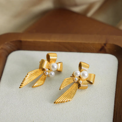 1 Pair Elegant Luxurious French Style Bow Knot Plating Inlay Titanium Steel Artificial Pearls 18k Gold Plated Ear Studs