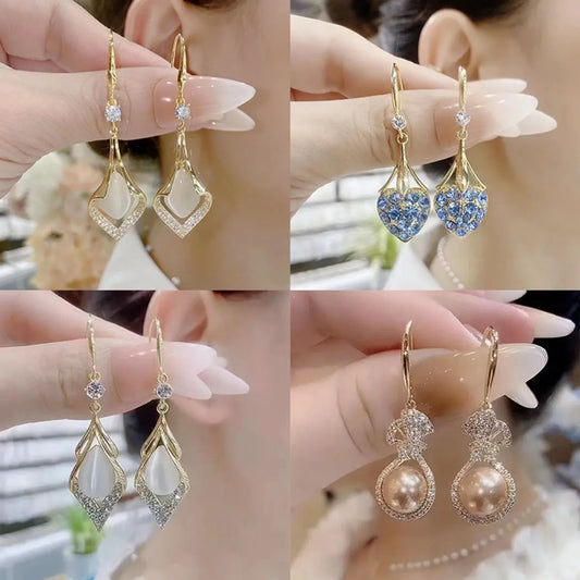 1 Pair Elegant Luxurious Geometric Inlay Alloy Artificial Pearls Rhinestones Opal Drop Earrings