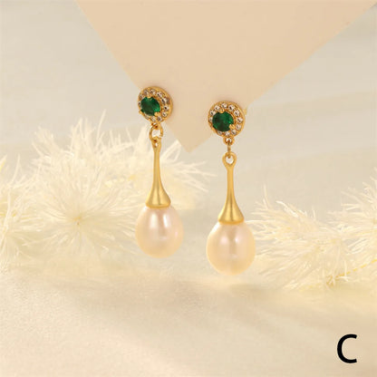 1 Pair Elegant Luxurious Irregular Plating Inlay Freshwater Pearl Copper Turquoise Zircon 18k Gold Plated Drop Earrings