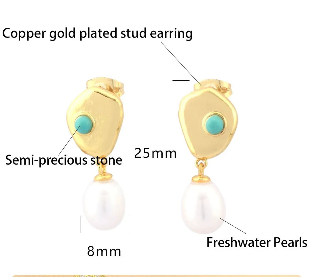 1 Pair Elegant Luxurious Irregular Plating Inlay Freshwater Pearl Copper Turquoise Zircon 18k Gold Plated Drop Earrings