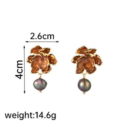 1 Pair Elegant Luxurious Lady Flower Plating Freshwater Pearl Copper 18k Gold Plated Drop Earrings