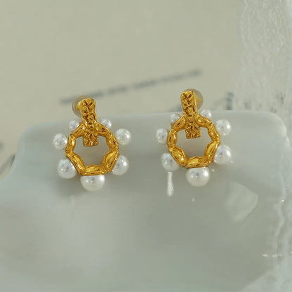 1 Pair Elegant Luxurious Lady Geometric Plating Imitation Pearl Titanium Steel 18k Gold Plated Ear Studs