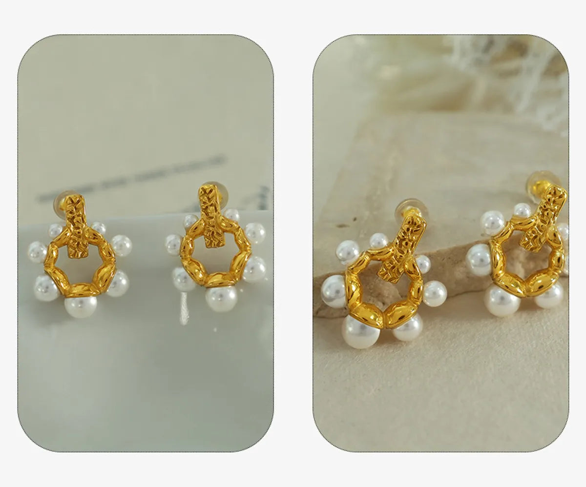 1 Pair Elegant Luxurious Lady Geometric Plating Imitation Pearl Titanium Steel 18k Gold Plated Ear Studs