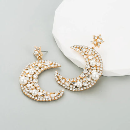 1 Pair Elegant Luxurious Queen Moon Inlay Alloy Rhinestones Pearl Drop Earrings