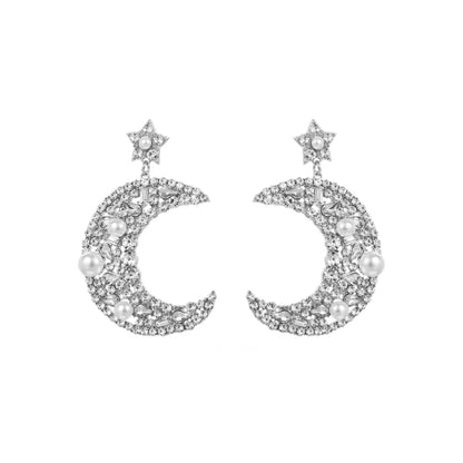 1 Pair Elegant Luxurious Queen Moon Inlay Alloy Rhinestones Pearl Drop Earrings