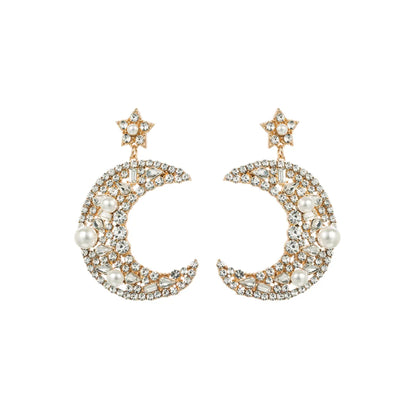 1 Pair Elegant Luxurious Queen Moon Inlay Alloy Rhinestones Pearl Drop Earrings