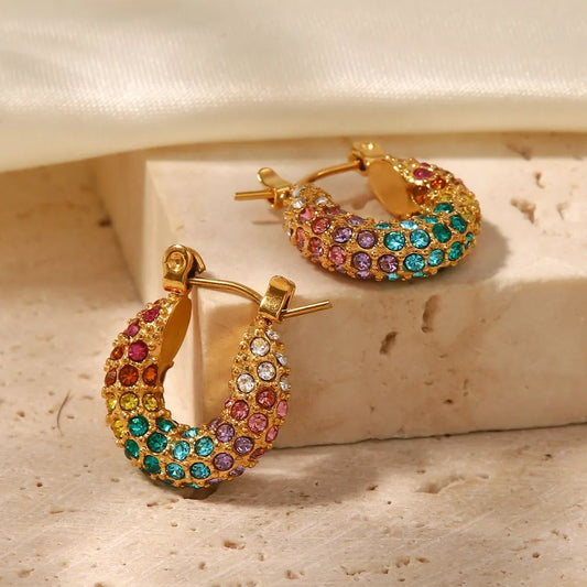 1 Pair Elegant Luxurious Semicircle Plating Inlay Stainless Steel Zircon 18k Gold Plated Hoop Earrings