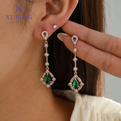 1 Pair Elegant Luxurious XUPING Geometric Inlay Copper Artificial Gemstones 18K Gold Plated Drop Earrings