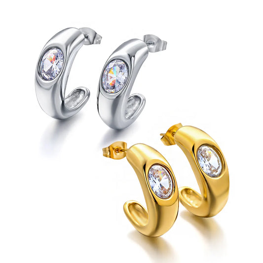 1 Pair Elegant Modern Style Simple Style C Shape Inlay 304 Stainless Steel Zircon 18K Gold Plated Ear Studs