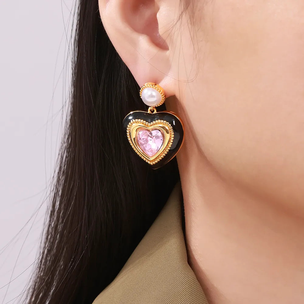 1 Pair Elegant Modern Style Streetwear Heart Shape Plating Inlay Copper Glass Stone 18K Gold Plated Drop Earrings