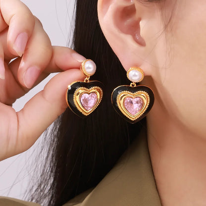 1 Pair Elegant Modern Style Streetwear Heart Shape Plating Inlay Copper Glass Stone 18K Gold Plated Drop Earrings