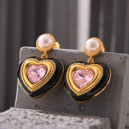 1 Pair Elegant Modern Style Streetwear Heart Shape Plating Inlay Copper Glass Stone 18K Gold Plated Drop Earrings