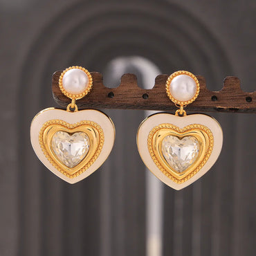 1 Pair Elegant Modern Style Streetwear Heart Shape Plating Inlay Copper Glass Stone 18K Gold Plated Drop Earrings