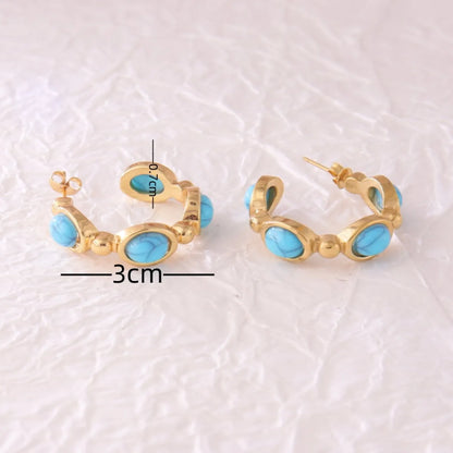 1 Pair Elegant Pastoral Stone Inlay 304 Stainless Steel Turquoise Ear Studs