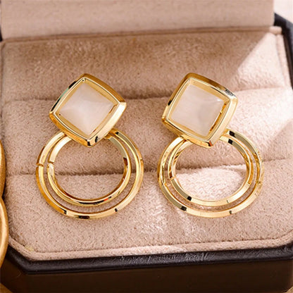 1 Pair Elegant Princess Circle Rhombus Plating Inlay Copper Opal Shell Drop Earrings