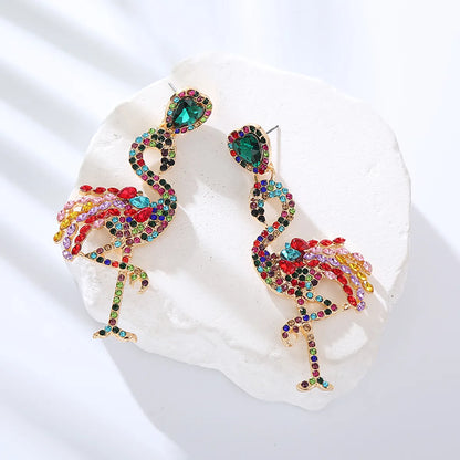 1 Pair Elegant Queen Shiny Flamingo Heart Shape Inlay Rhinestone Rhinestones Drop Earrings