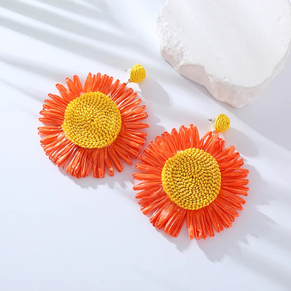 1 Pair Elegant Queen Sunflower Braid Raffia Drop Earrings