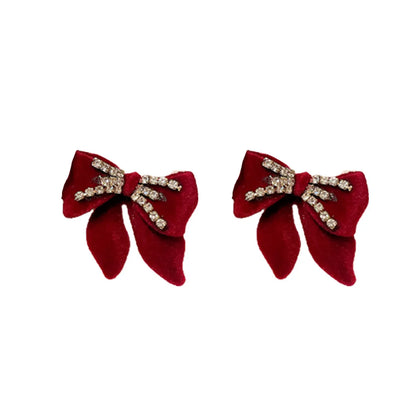 1 Pair Elegant Retro Bow Knot Inlay Alloy Flocking Rhinestones Ear Studs