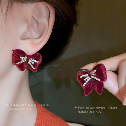 1 Pair Elegant Retro Bow Knot Inlay Alloy Flocking Rhinestones Ear Studs