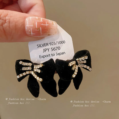 1 Pair Elegant Retro Bow Knot Inlay Alloy Flocking Rhinestones Ear Studs