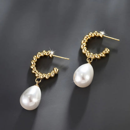 1 Pair Elegant Retro C Shape Water Droplets Plating Inlay Copper Alloy Artificial Pearls 14k Gold Plated Drop Earrings