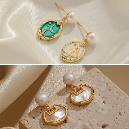 1 Pair Elegant Retro Clouds Mermaid Inlay Copper Freshwater Pearl Shell 18K Gold Plated Drop Earrings