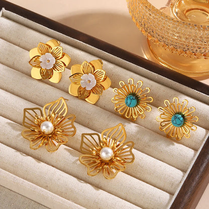 1 Pair Elegant Retro Flower 304 Stainless Steel Ear Studs