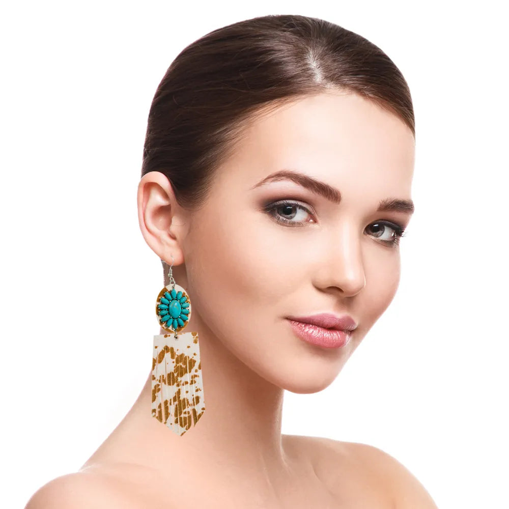 1 Pair Elegant Retro Flower Leopard Inlay Pu Leather Alloy Turquoise Turquoise Silver Plated Drop Earrings