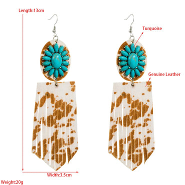 1 Pair Elegant Retro Flower Leopard Inlay Pu Leather Alloy Turquoise Turquoise Silver Plated Drop Earrings