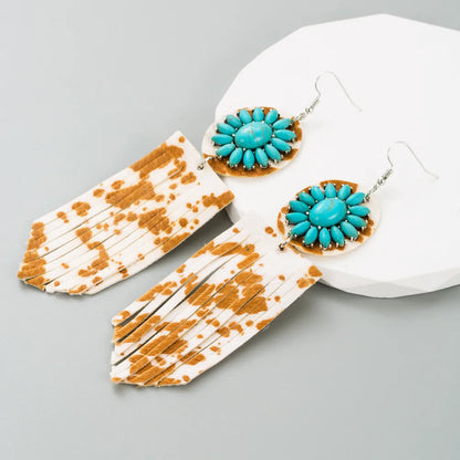 1 Pair Elegant Retro Flower Leopard Inlay Pu Leather Alloy Turquoise Turquoise Silver Plated Drop Earrings