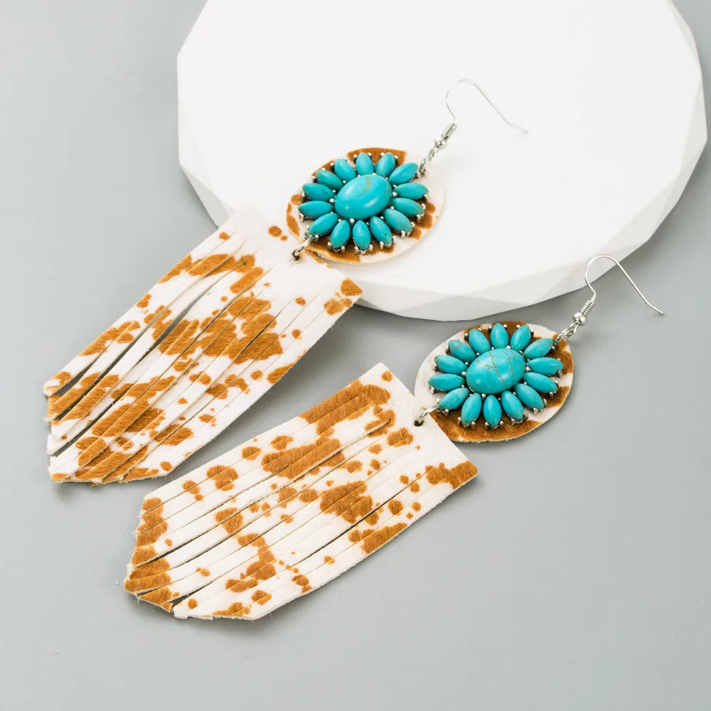 1 Pair Elegant Retro Flower Leopard Inlay Pu Leather Alloy Turquoise Turquoise Silver Plated Drop Earrings