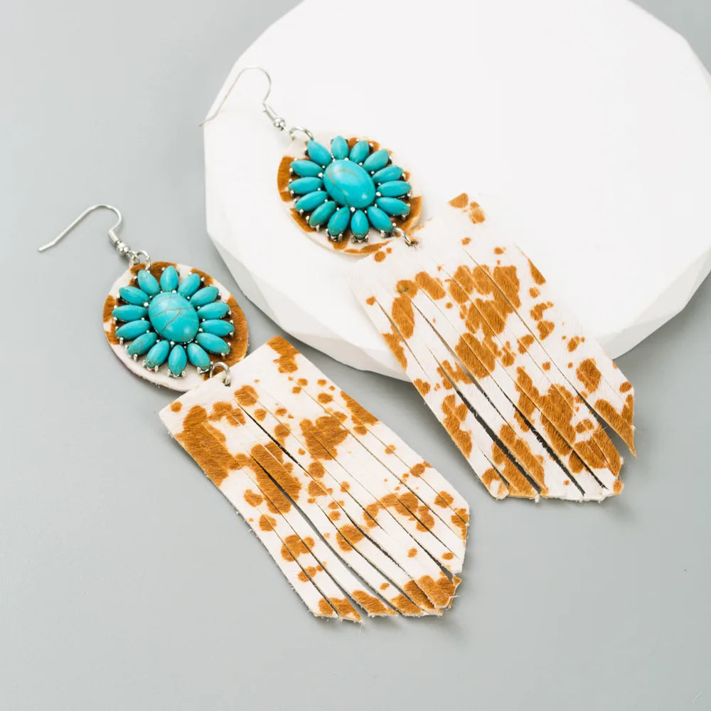 1 Pair Elegant Retro Flower Leopard Inlay Pu Leather Alloy Turquoise Turquoise Silver Plated Drop Earrings