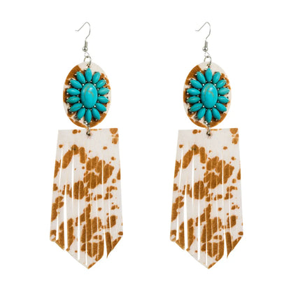 1 Pair Elegant Retro Flower Leopard Inlay Pu Leather Alloy Turquoise Turquoise Silver Plated Drop Earrings