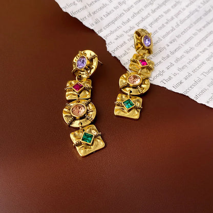 1 Pair Elegant Retro Geometric Alloy Tiger Eye Rhinestones Ear Studs