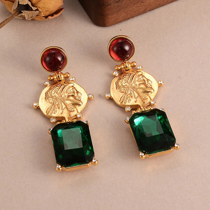 1 Pair Elegant Retro Human Geometric Inlay Alloy Rhinestones Glass Lapis Lazuli Drop Earrings