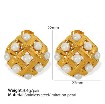 1 Pair Elegant Retro IG Style Rhombus Polishing Plating Inlay 304 Stainless Steel Artificial Pearls 18K Gold Plated Ear Studs