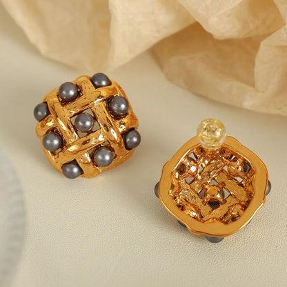 1 Pair Elegant Retro IG Style Rhombus Polishing Plating Inlay 304 Stainless Steel Artificial Pearls 18K Gold Plated Ear Studs