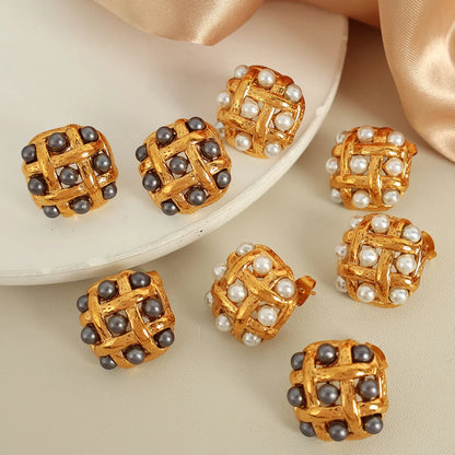 1 Pair Elegant Retro IG Style Rhombus Polishing Plating Inlay 304 Stainless Steel Artificial Pearls 18K Gold Plated Ear Studs