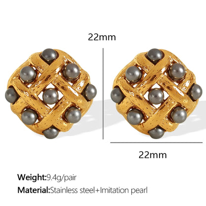 1 Pair Elegant Retro IG Style Rhombus Polishing Plating Inlay 304 Stainless Steel Artificial Pearls 18K Gold Plated Ear Studs