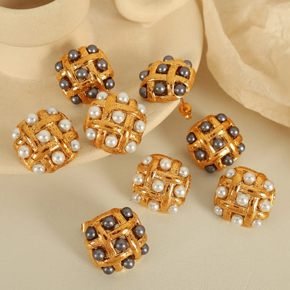 1 Pair Elegant Retro IG Style Rhombus Polishing Plating Inlay 304 Stainless Steel Artificial Pearls 18K Gold Plated Ear Studs