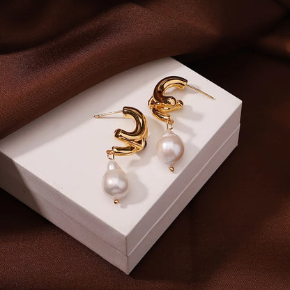 1 Pair Elegant Retro Irregular Pearl Freshwater Pearl Copper Natural Stone 18K Gold Plated Drop Earrings