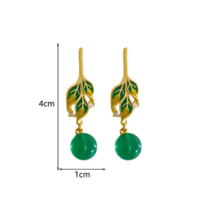 1 Pair Elegant Retro Leaves Enamel Plating Inlay Copper Glass White Jade Zircon 14K Gold Plated Drop Earrings