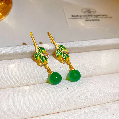 1 Pair Elegant Retro Leaves Enamel Plating Inlay Copper Glass White Jade Zircon 14K Gold Plated Drop Earrings