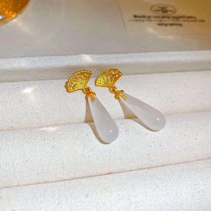 1 Pair Elegant Retro Leaves Enamel Plating Inlay Copper Glass White Jade Zircon 14K Gold Plated Drop Earrings