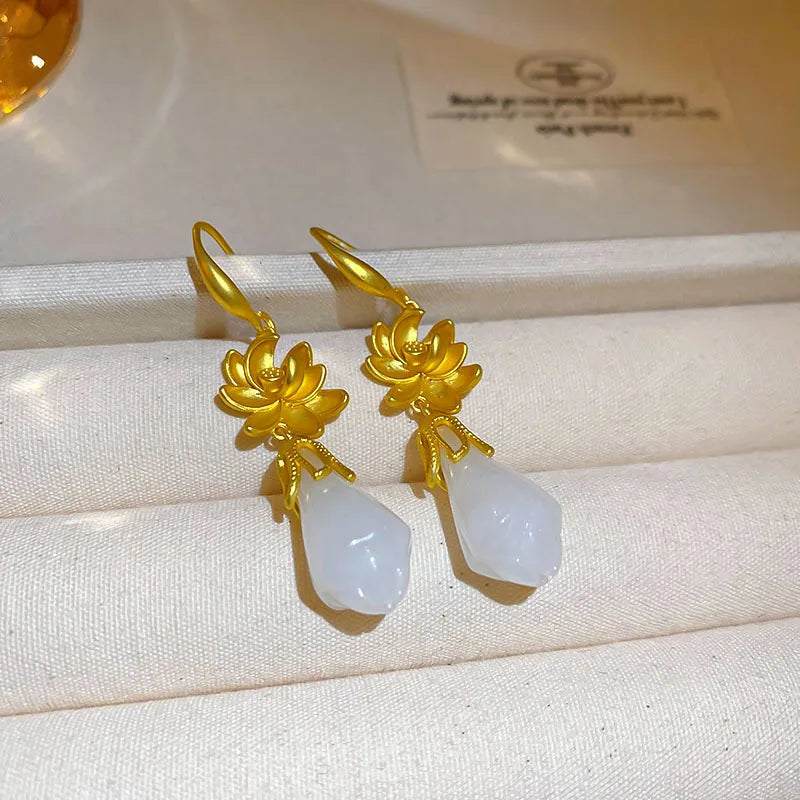 1 Pair Elegant Retro Leaves Enamel Plating Inlay Copper Glass White Jade Zircon 14K Gold Plated Drop Earrings