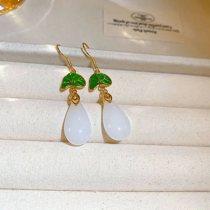 1 Pair Elegant Retro Leaves Enamel Plating Inlay Copper Glass White Jade Zircon 14K Gold Plated Drop Earrings